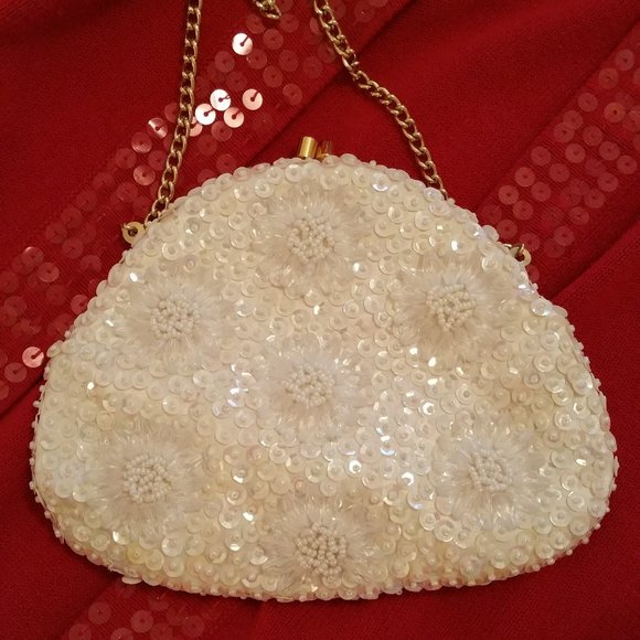 Ivory Bead & Sequin Formal Evening Bag Clutch - Picture 1 of 7
